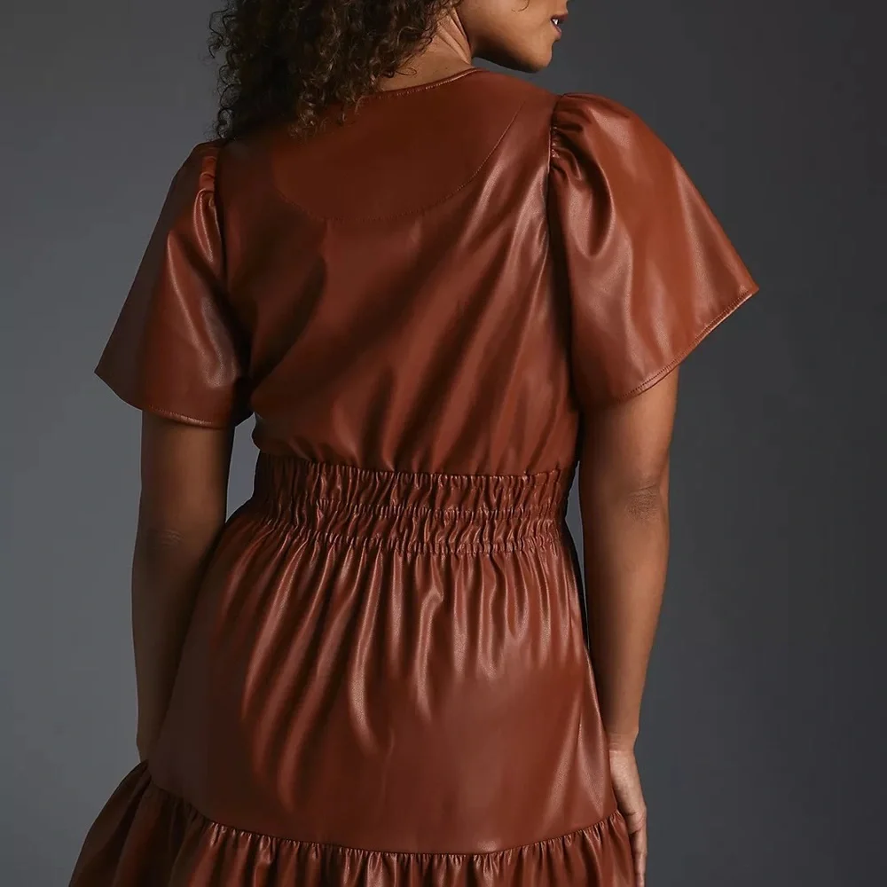 Anthropologie Women’s The Somerset Mini Dress Size 1X Faux Leather Cognac Brown - Picture 3 of 12